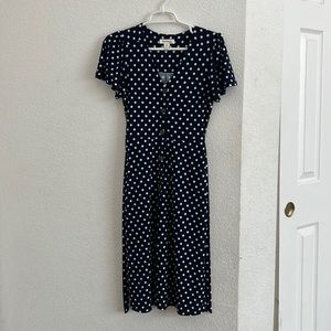 Women’s blue polka dot dress with tie around belt size S